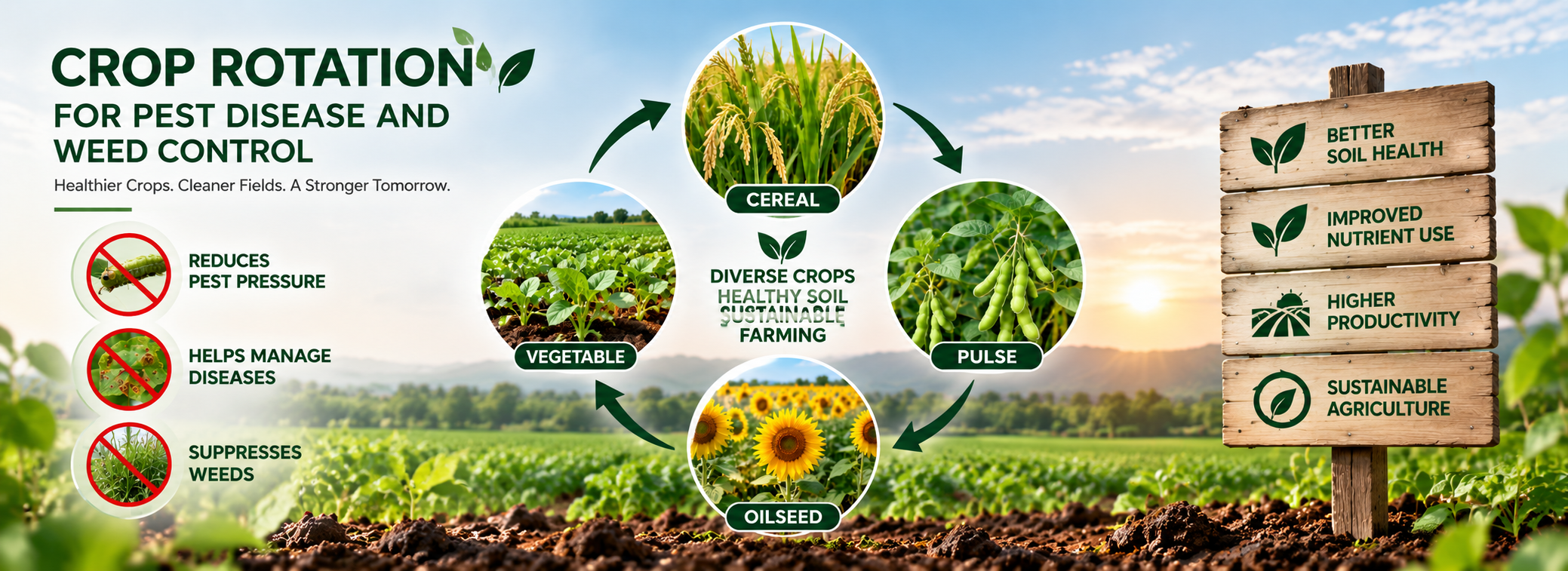 Crop rotation for pest disease and weed control showing cereal, pulse, oilseed and vegetable crops in a sustainable farming cycle