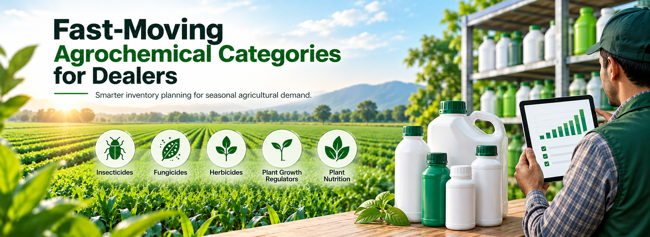 Fast-moving agrochemical categories for dealers including insecticides, fungicides, herbicides, PGRs and plant nutrition products